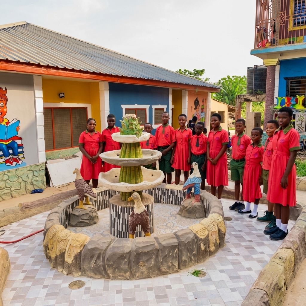 Students by the fountain